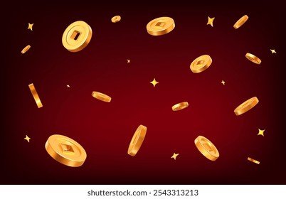 3d flying Ancient old gold coins of China with stars on wine isolated background. Rich or casino luck concept. Precious expensive treasure. Stock vector illustration.	
