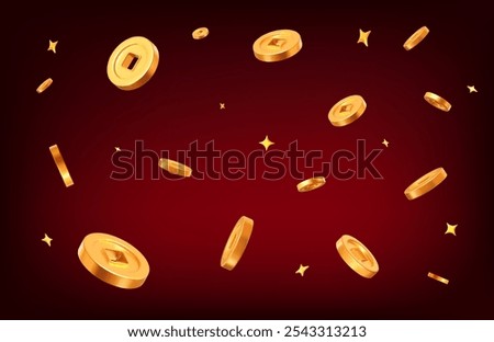 3d flying Ancient old gold coins of China with stars on wine isolated background. Rich or casino luck concept. Precious expensive treasure. Stock vector illustration.	
