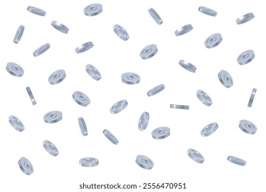 3d flying Ancient old silver coins of China on white isolated background. Rich or casino luck concept. Precious expensive treasure. Stock vector illustration.	
