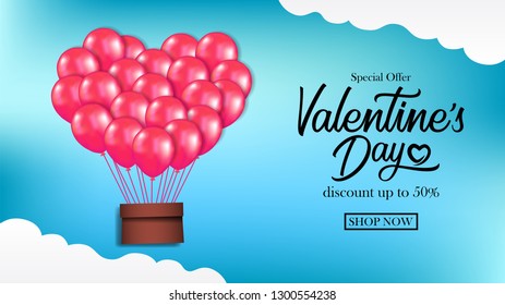 3D flying balloon air for valentine's day event. Poster banner template. Vector illustration