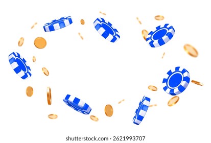 3d flying blue casino poker chips and coins with different angles. Blue and white chips for betting and gambling games. Stock vector illustration on isolated background.	


