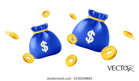 3d bolsas de dinero azul volando con monedas de oro alrededor, aislado en el fondo blanco. Riqueza 3D, ricos y cashback, ícono de interés de inversión en Ilustración vectorial