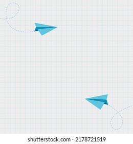 3d flying blue paper plane and dotted flight trail on the background of a school notebook. Square banner for making your text