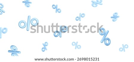 3d flying blue winter percent signs discount with blur effect and different angles. Voucher gift. Stock vector illustration on isolated background.