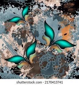 3d flying butterflies seamless pattern. Textured watercolor fantasy background. Modern  brush strokes dirty backdrop. Doodle lines, chains, brush strokes, butterfly ornaments. Grunge rough texture.