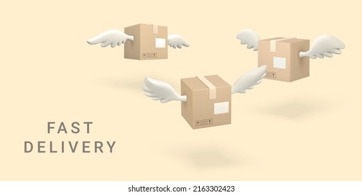 3d flying cardboard box with wings. Carton delivery packaging. Delivery service concept. Vector illustration.