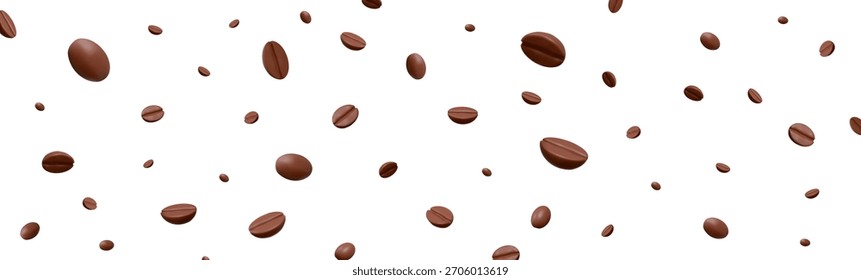 Fondo de granos de café voladores 3D. Granos de café marrón con estilo de dibujos animados para publicidad y promoción de productos de café. Ilustración vectorial de stock sobre fondo aislado.