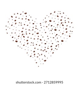 3d flying coffee beans in the heart shape. Brown coffee beans with for advertising and promotion of coffee products. Stock vector illustration on isolated background.