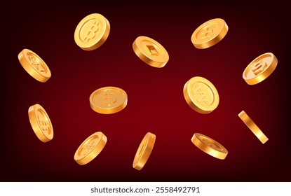 3d flying coins with the sign of bitcoin, Korean Won, Chinese coin, pound sterling, dollar. Stock vector illustration on isolated background.
