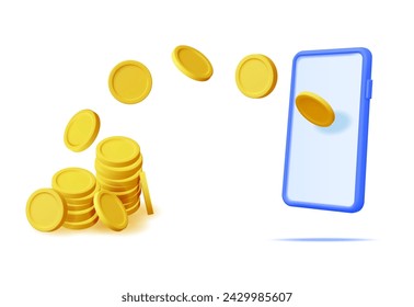 3D Flying Coins and Smartphone Isolated. Render Money Transfer Concept. Sending and Receiving Money on Mobile Phone via Application. Mobile Banking, Money Exchange, Online Payment. Vector Illustration