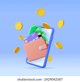 3D Flying Coins and Smartphone with Wallet. Render Money Transfer Concept. Sending and Receiving Money on Mobile Phone Application. Mobile Banking, Money Exchange, Online Payment. Vector Illustration