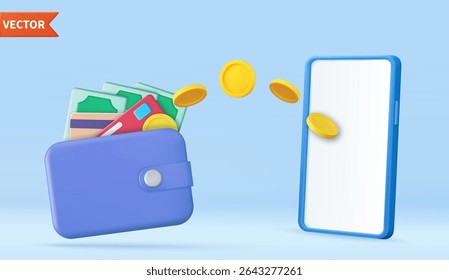 3D Flying Coins and Smartphone with Wallet. Money Transfer Concept. Sending and Receiving Money on Mobile Phone Application. Mobile Banking, Money Exchange, 3d rendering. Vector illustration