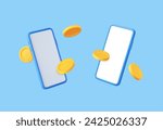 3D Flying Coins with Two Smartphones. Money transfer on smartphones. Online payment concept. Mobile wallet. Cashback and banking. 3d rendering. Vector illustration