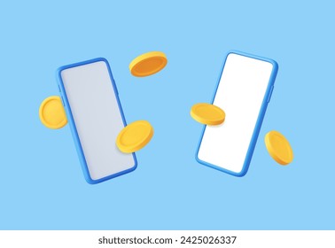 3D Flying Coins with Two Smartphones. Money transfer on smartphones. Online payment concept. Mobile wallet. Cashback and banking. 3d rendering. Vector illustration