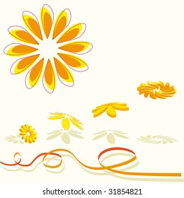 3D flying of a collection of orange flowers with shade and ribbon
