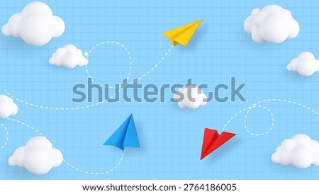 3D flying colorfull paper airplanes and fluffy clouds on a school notebook background. Cute cartoon style education concept illustration.
