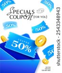 3d flying coupons from an envelope with golden coins, isolated on white background. Flying coupon banner template with gift vouchers giveaway, coupon code. 3d voucher vector 