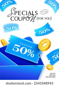 3d flying coupons from an envelope with golden coins, isolated on white background. Flying coupon banner template with gift vouchers giveaway, coupon code. 3d voucher vector 