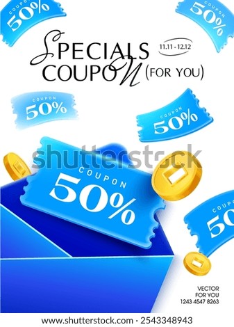 3d flying coupons from an envelope with golden coins, isolated on white background. Flying coupon banner template with gift vouchers giveaway, coupon code. 3d voucher vector 