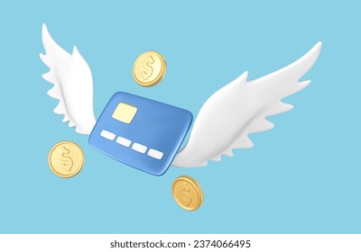 3D flying credit card with coins. Online payment concept. Lost money. Bank accounts. Business finance. Money saving. Contactless pay. Vector 3d illustration
