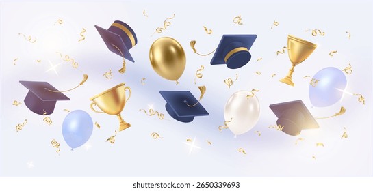 3d flying diploma scroll and graduate hat. Vintage roll paper with black mortarboard. Graduation celebration party invitation, ad banner, promo poster. Vector illustration. EPS 10.