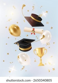 3d flying diploma scroll and graduate hat. Vintage roll paper with black mortarboard. Graduation celebration party invitation, ad banner, promo poster. Vector illustration. EPS 10.