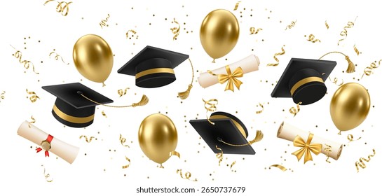 3d flying diploma scroll and graduate hat. Vintage roll paper with black mortarboard. Graduation celebration party invitation, ad banner, promo poster. Vector illustration. EPS 10.