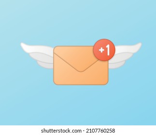 Alas de sobre volador 3D, notificación por correo entrante. Ilustración del sobre 3d amarillo vectorial 3