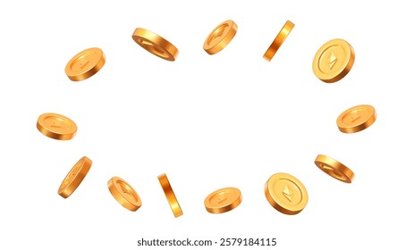 3d flying Etherium gold coins on white isolated background. Cryptocurrency, electronic payments and blockchain. Precious expensive treasure. Stock vector illustration.	