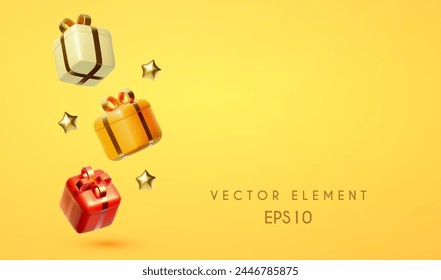 Cajas de regalo voladoras 3D con arcos de oro. Año Nuevo y diseño de súper venta