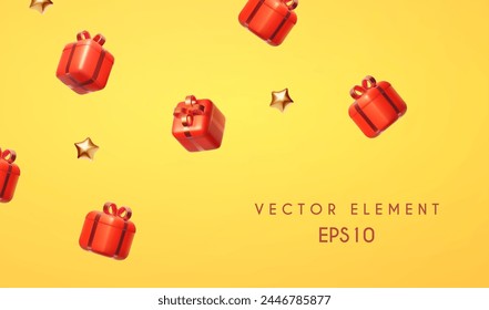 3D flying gift boxes with golden bows. New Year and super sale design