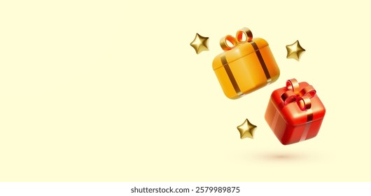 3D flying gift boxes with golden bows. New Year and super sale design