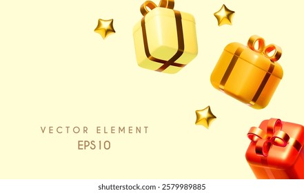3D flying gift boxes with golden bows. New Year and super sale design