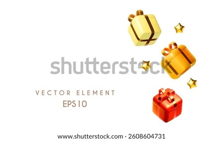 3D flying gift boxes with golden bows. New Year and super sale design