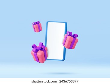 3d Flying gifts with a mobile phone mockup. Shipping service. Shopping online and e-commerce concept. 3d rendering. Vector illustration