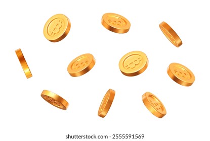 3d flying gold Bitcoins on white isolated background. Cryptocurrency, electronic payments and blockchain. Precious expensive treasure. Stock vector illustration.	