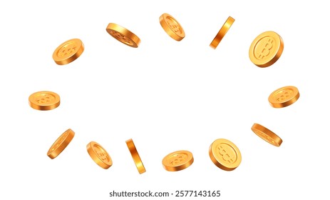 3d flying gold Bitcoins on white isolated background. Cryptocurrency, electronic payments and blockchain. Precious expensive treasure. Stock vector illustration.	