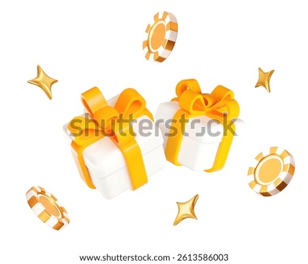 3d flying gold casino chips with stars around white gift boxes. Stock vector illustration on isolated background.