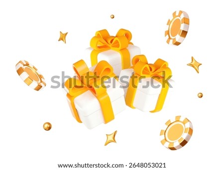 3d flying gold casino chips with stars around white gift boxes. Stock vector illustration on isolated background.