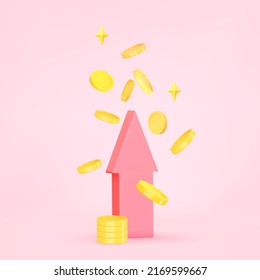 3d flying gold coins and up arrow on pink background. Money and financial success, growth investment concept. Vector cartoon illustration