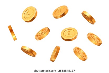 3d flying gold coins with the euro. Precious expensive treasure. Stock vector illustration.	