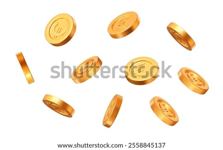 3d flying gold coins with the euro. Precious expensive treasure. Stock vector illustration.	