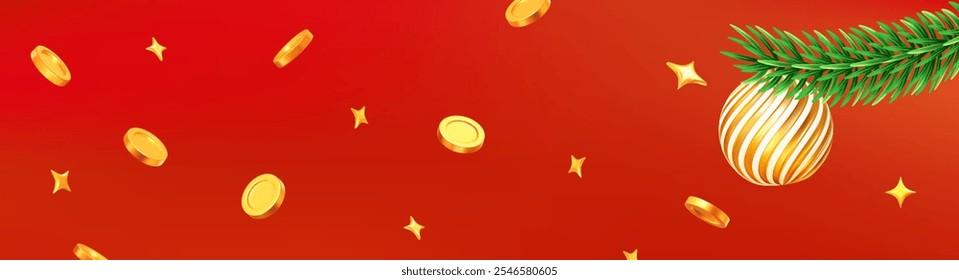 3d flying gold coins and stars with Christmas tree branches with ball on red isolated background. Horizontal banner. Stock vector illustration.	