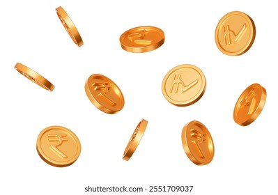 3d flying gold gold Indian rupees coins on white isolated background. Rich or casino luck concept. Precious expensive treasure. Stock vector illustration.	
