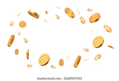 3d flying gold Indian rupees coins on white isolated background. Rich or casino luck concept. Precious expensive treasure. Stock vector illustration.	
