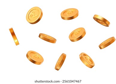 3d flying gold Indian rupees coins on white isolated background. Rich or casino luck concept. Precious expensive treasure. Stock vector illustration.	
