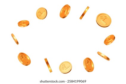 3d flying gold gold Indian rupees coins on white isolated background. Rich or casino luck concept. Precious expensive treasure. Stock vector illustration.		
	