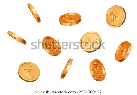 3d flying gold gold Indian rupees coins on white isolated background. Rich or casino luck concept. Precious expensive treasure. Stock vector illustration.	
