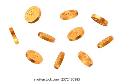 3d flying gold Indonesian Rupiah coins on white isolated background. Rich or casino luck concept. Precious expensive treasure. Stock vector illustration.	
