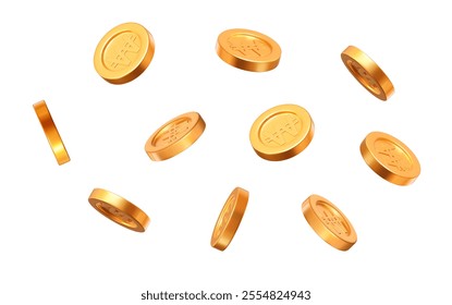 3d flying gold Korean won coins on white isolated background. Rich or casino luck concept. Precious expensive treasure. Stock vector illustration.	